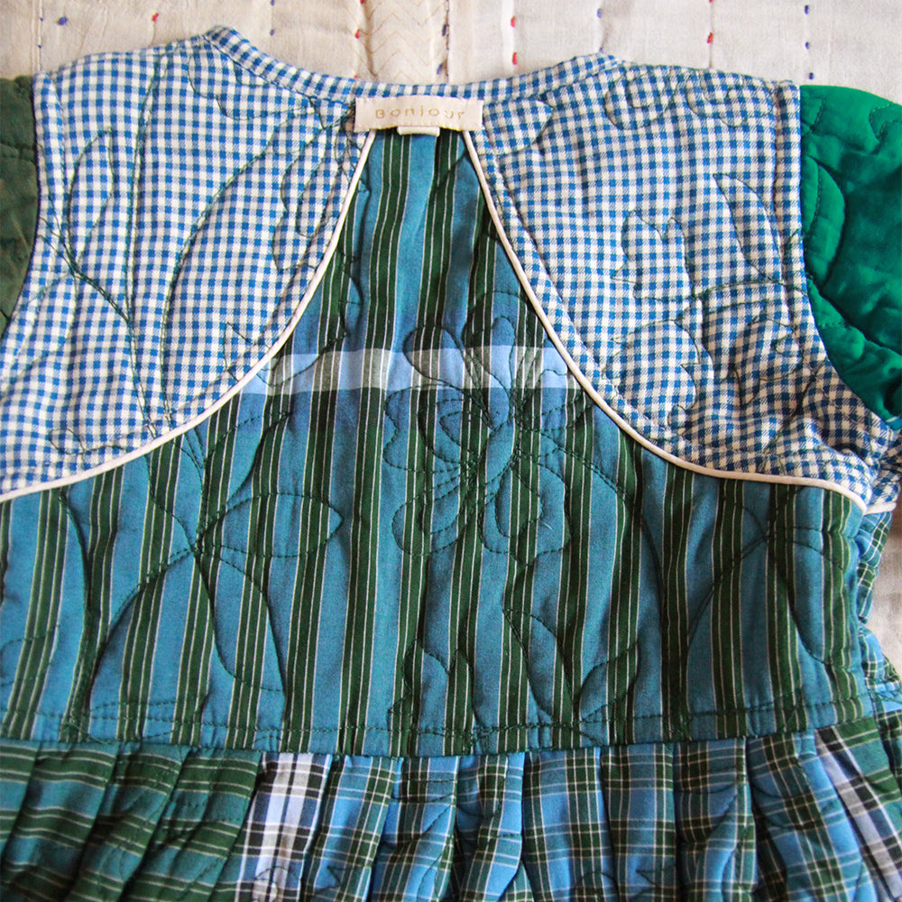 Bonjour Kid's Quilted Coat Dress Blue Vichy Green Lungi Check BIENBIEN