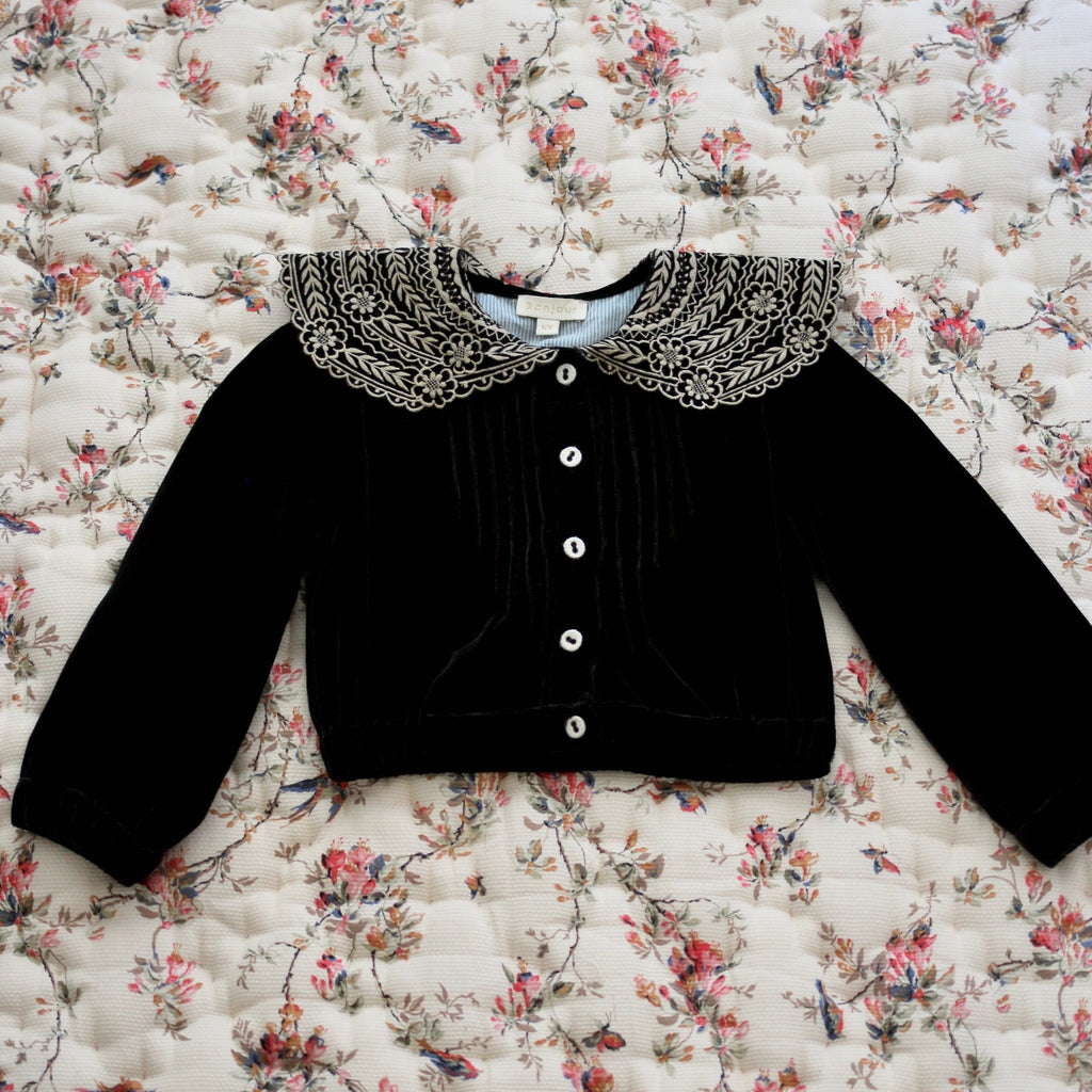 SALE Bonjour Kid's Embroidered Collar Crop Blouse Black Velvet | BIEN BIEN bienbienshop.com
