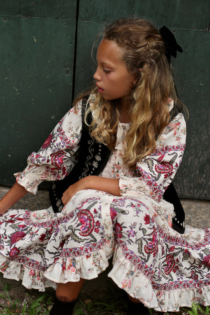 SALE Bonjour Kid's Tiered Collar Long Dress Birds Flower Print | BIEN BIEN