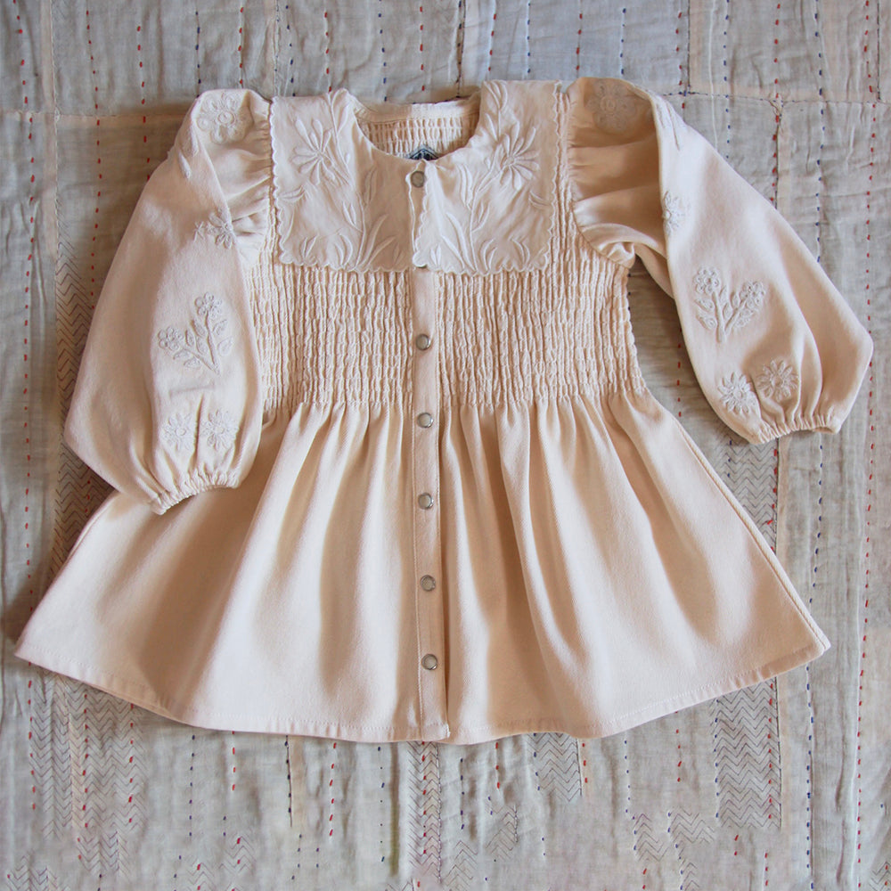 Bonjour Kid's Embroidered Tunique Ivory Garment Dyed Denim | BIEN BIEN