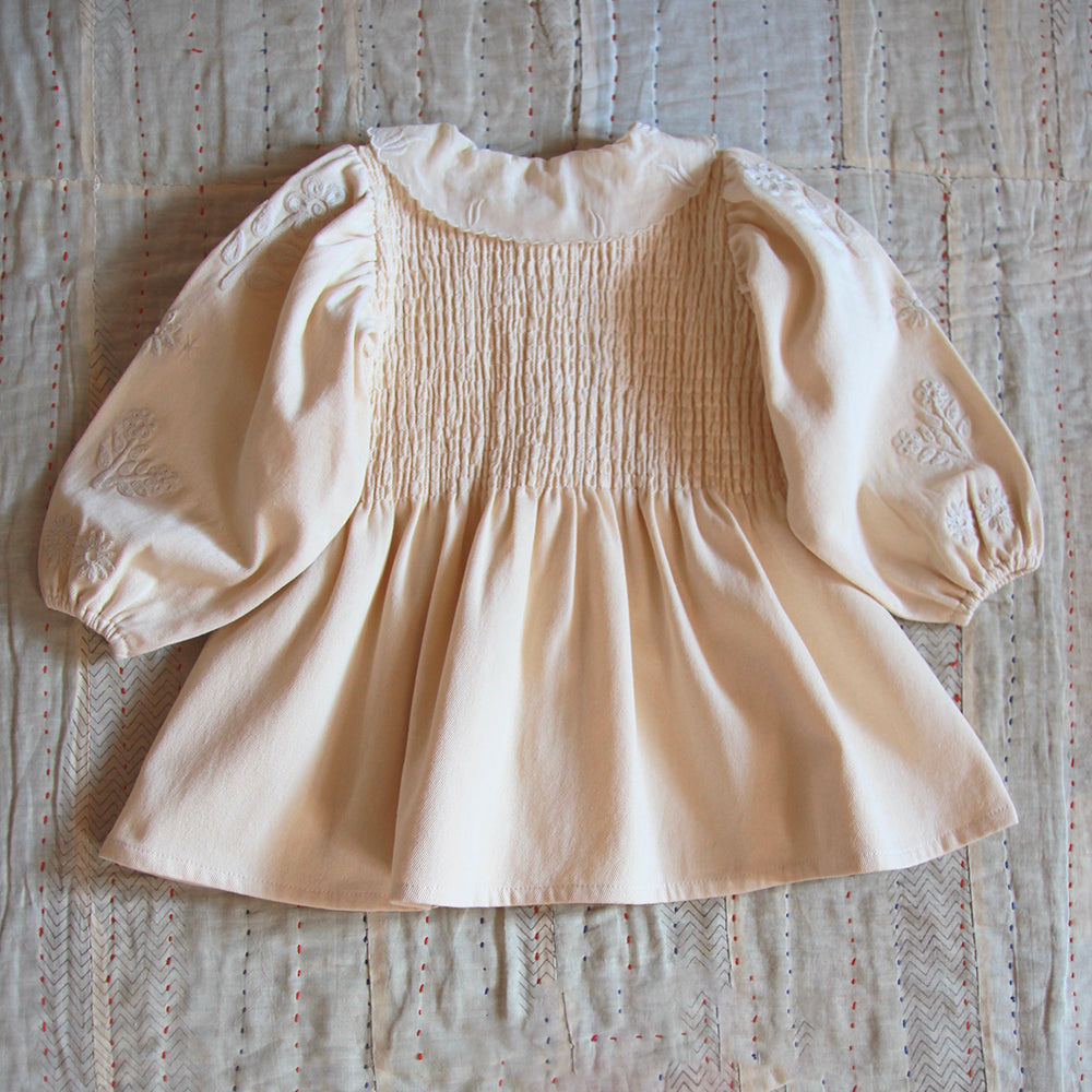 Bonjour Kid's Embroidered Tunique Ivory Garment Dyed Denim | BIEN BIEN