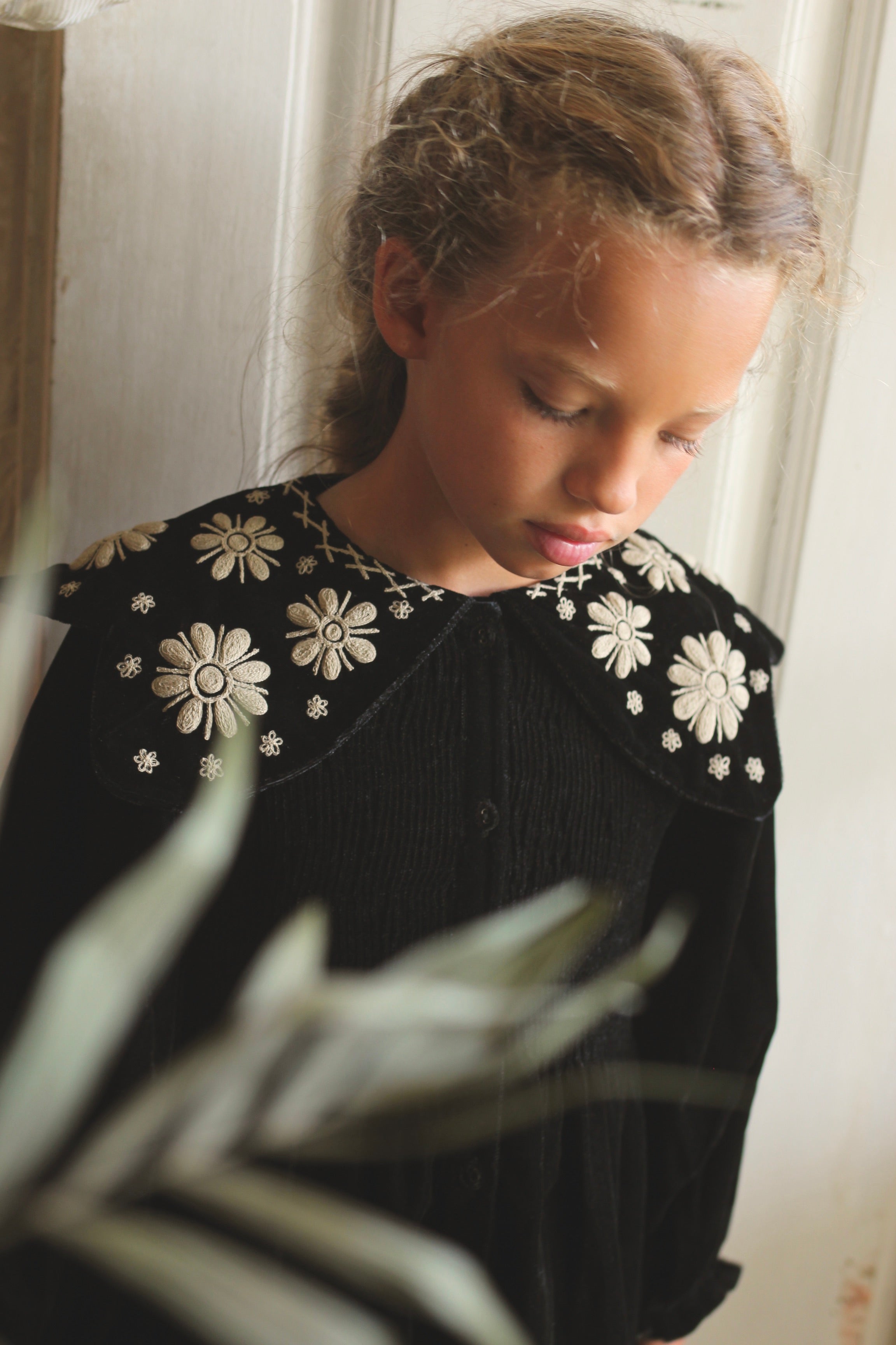 SALE Bonjour Kid's Sun Flower Embroidered Collar Tunique Black Velvet | BIEN BIEN bienbienshop.com