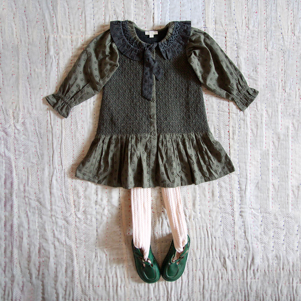 Bonjour Kid's Tie Tunique Dress Khaki Green Broderie | BIEN BIEN