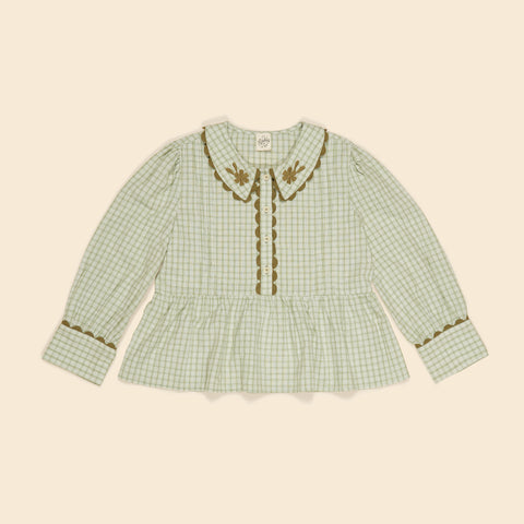 Apolina Cora Embroidered Peplum Blouse Worker Check Sage | BIEN BIEN