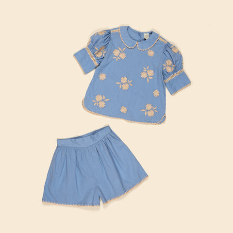 Apolina Loretta Kid's Embroidered Short Set Cornflower | BIEN BIEN