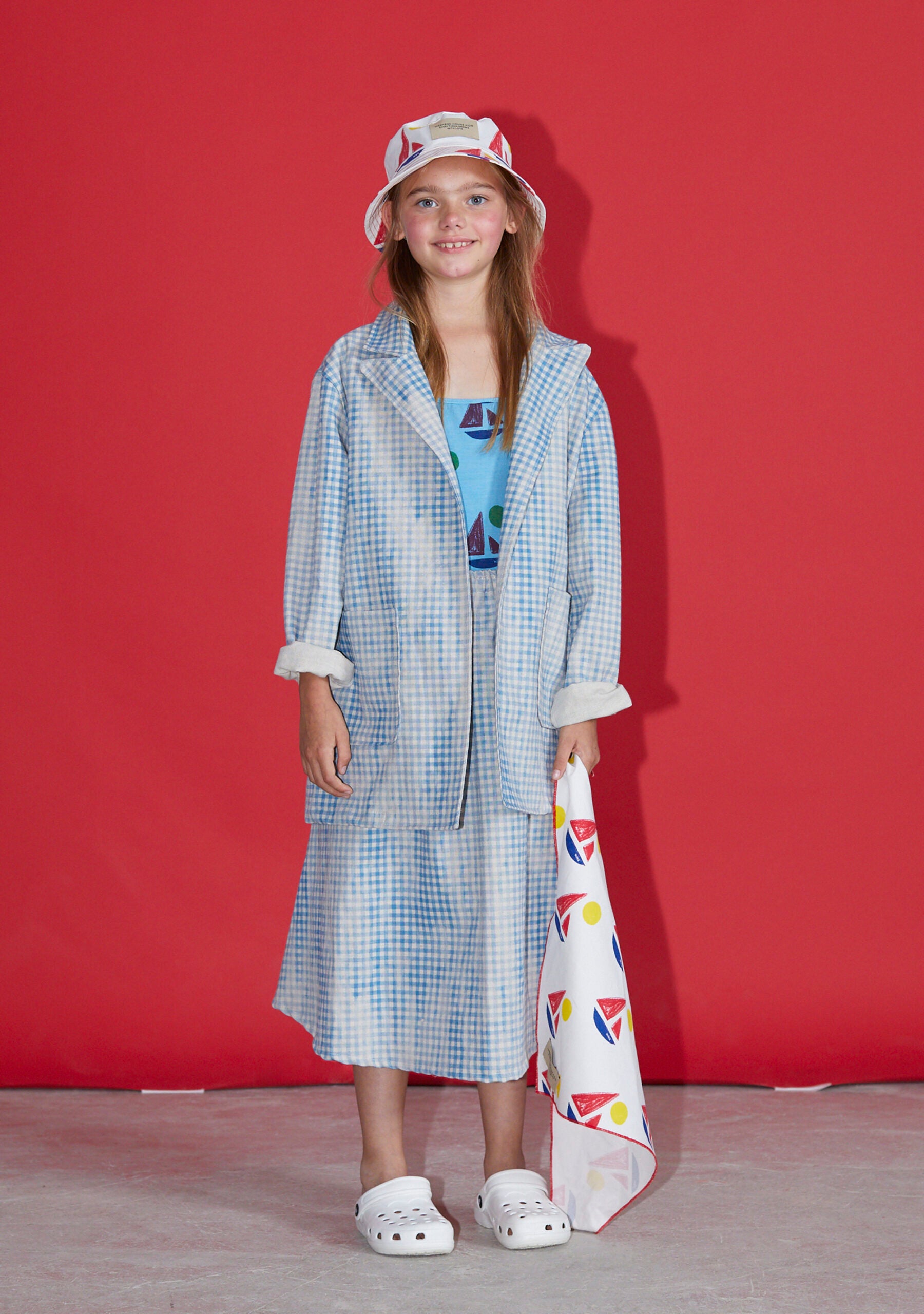 NEW Weekend House Kids Oversized Linen Kid's Jacket Blue White Check