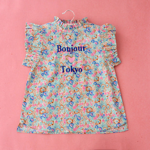 Bonjour Ruffle Embroidered "Tokyo" Kid's Blouse Blue Garden | BIEN BIEN bienbienshop.com