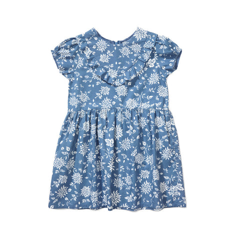 Caramel Chaya Girl's Dress in Cornflower Blue Kimono Print | BIEN BIEN