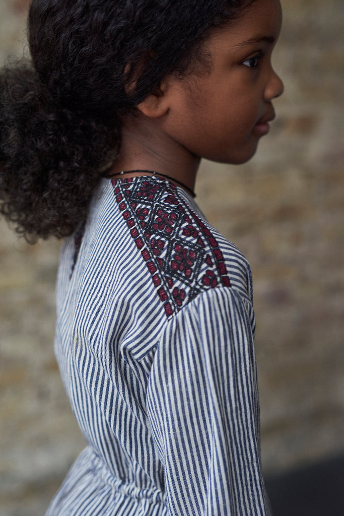 Caramel Ostrich Kid's Embroidered Dress Blue Stripe | BIEN BIEN