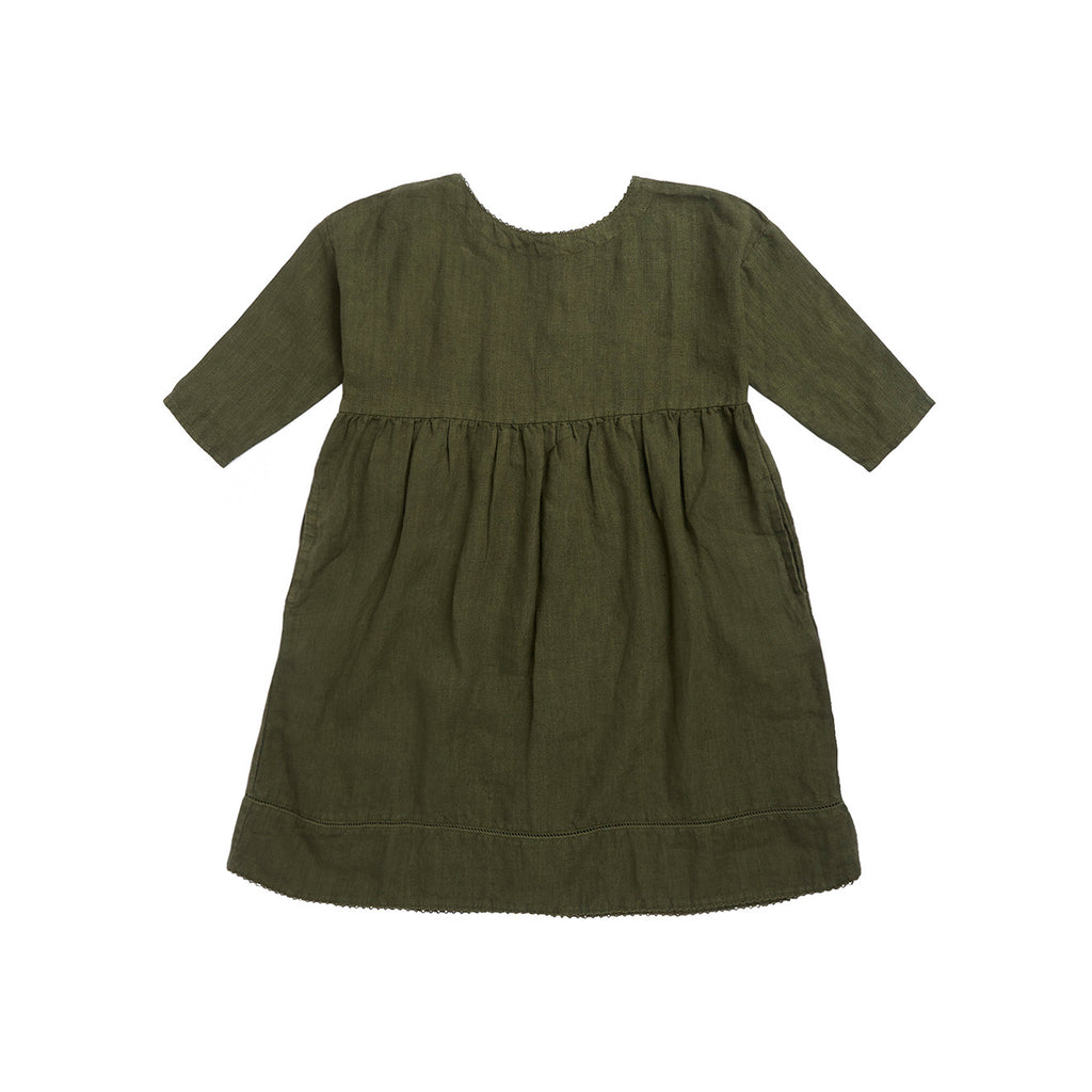 Caramel Wimbledon Kid's Dress Army Green Linen | BIEN BIEN www.bienbienshop.com