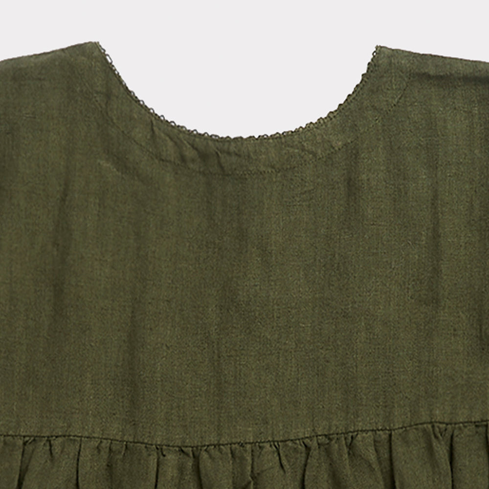 Caramel Wimbledon Kid's Dress Army Green Linen | BIEN BIEN www.bienbienshop.com