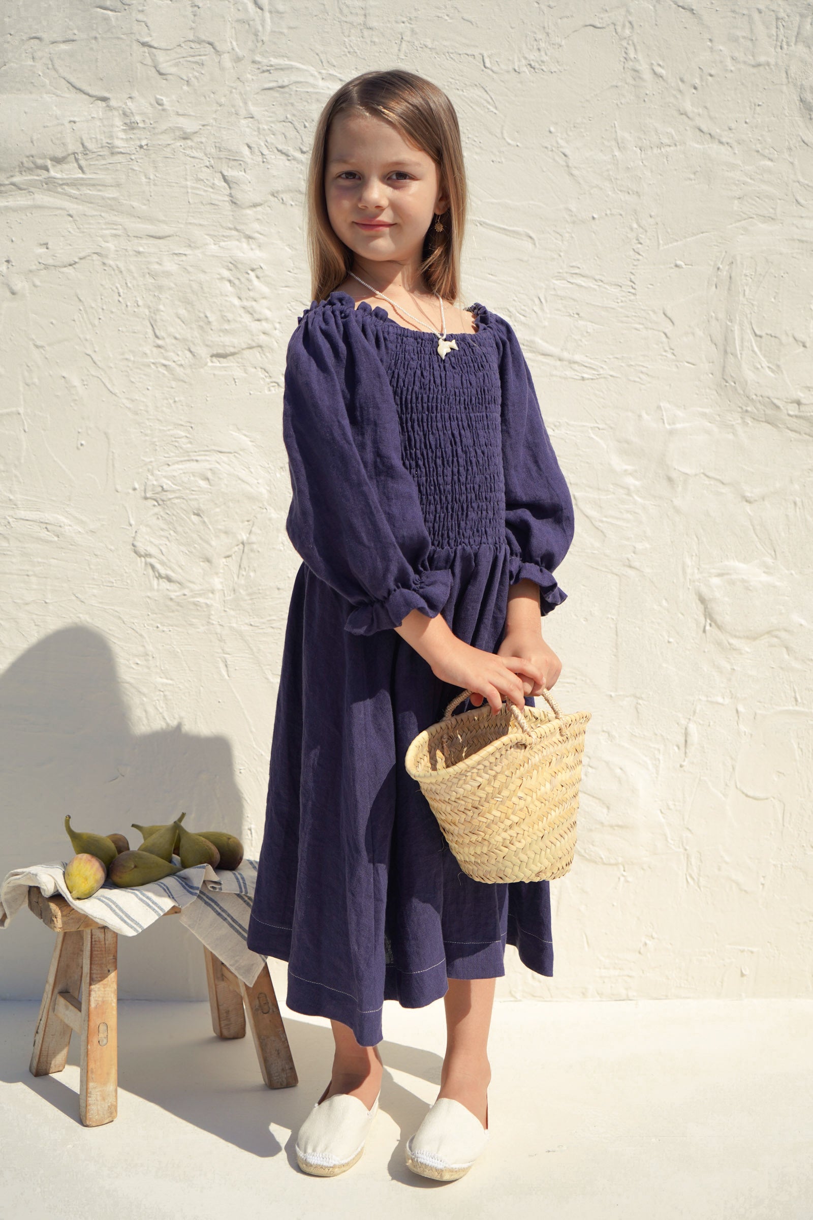 House of Paloma Hellenica Kid's Puff Sleeve Shirred Linen Dress Marine | BIEN BIEN bienbienshop.com