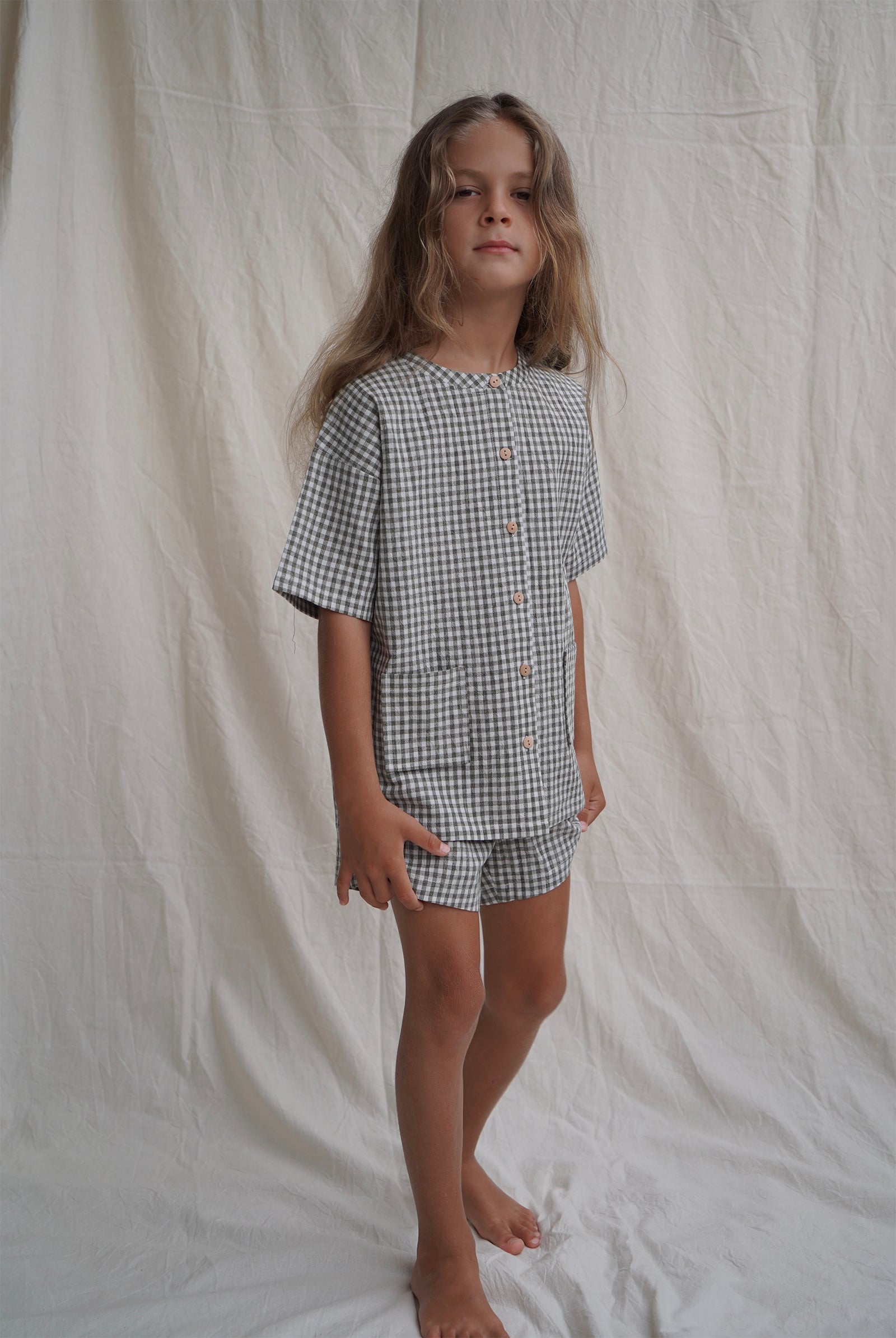 House of Paloma Pascal Kid's Short Sleeve Top Olive Gingham NEW