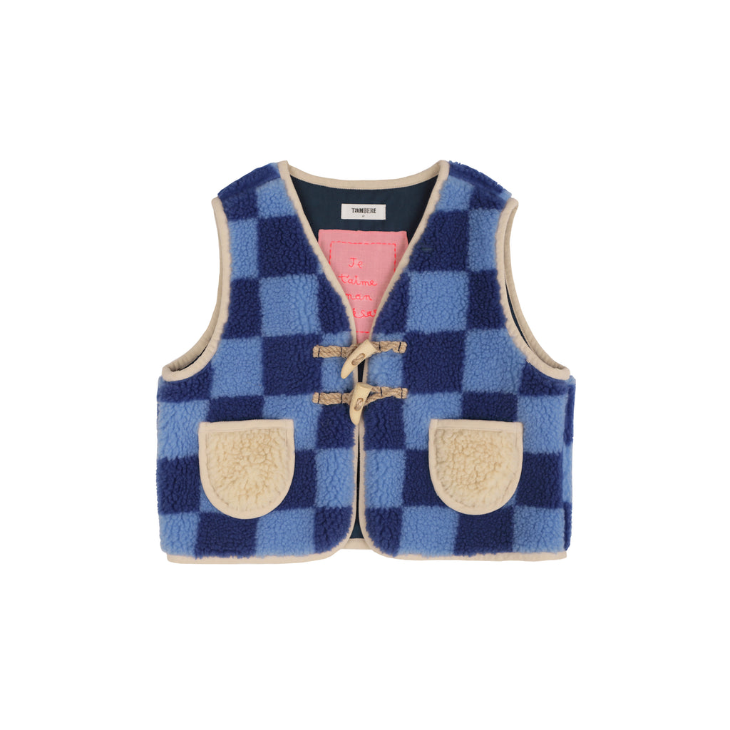 Tambere Kirsi Kid's Shearling Waistcoat Vest Blue Checker | BIEN BIEN bienbienshop.com