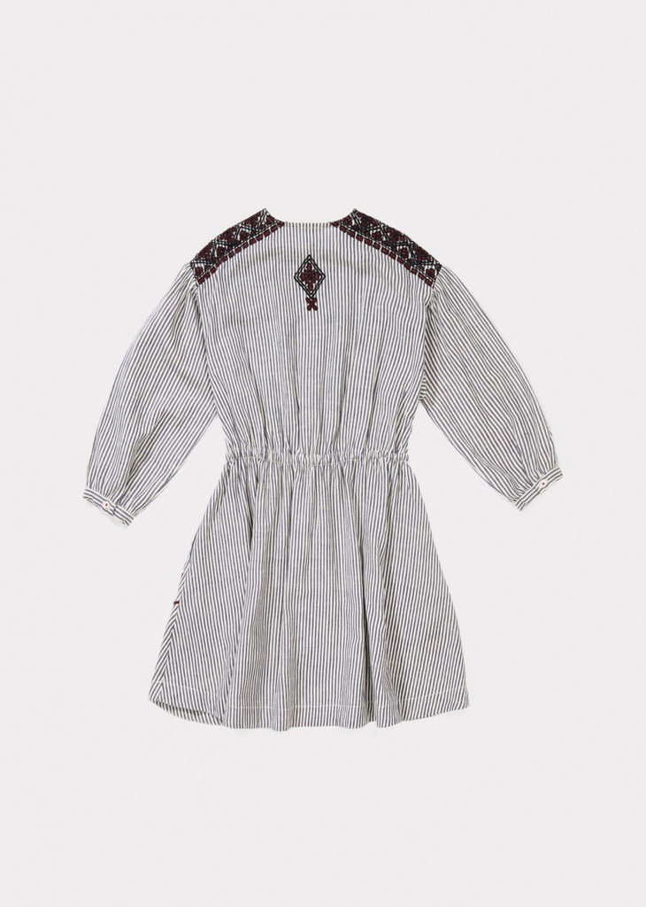 Caramel Ostrich Kid's Embroidered Dress Blue Stripe | BIEN BIEN